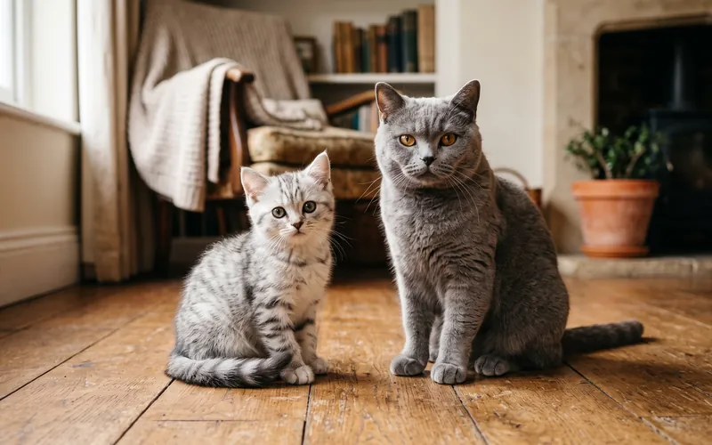 Kitten and adult cat sitting together, free cat years, food and weight calculators