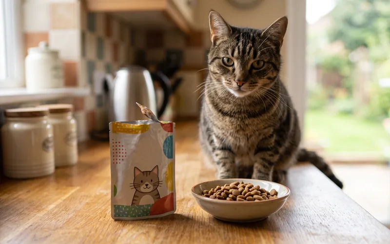 Wet cat food pouch next to a bowl and kitchen scales for measuring how much to feed a cat Wet cat food pouch next to a bowl and kitchen scales for measuring how much to feed a cat