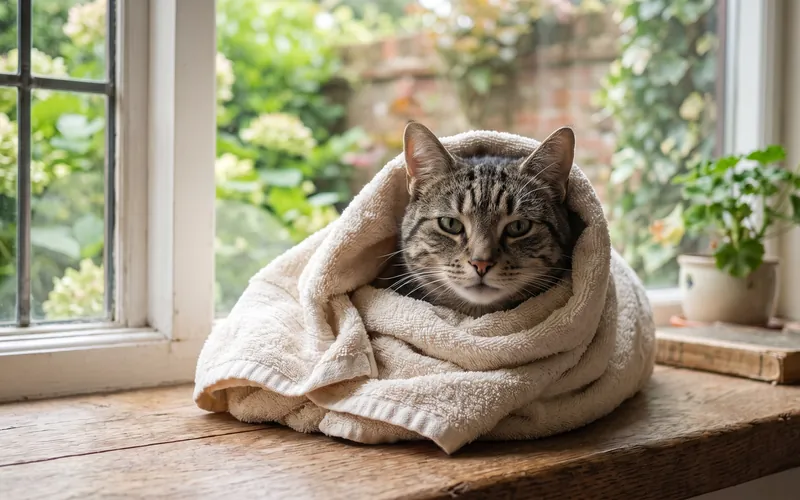 Cat wrapped in a towel burrito, a safe way to give a cat a pill