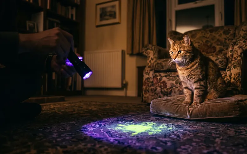 UV torch revealing a hidden stain on carpet, the first step to remove cat urine smell