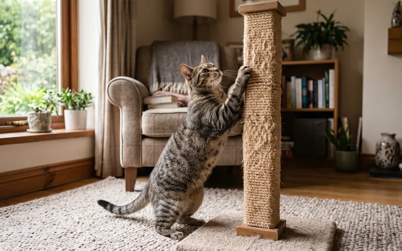 Cat using a sisal scratching post next to the carpet, the fix for how to stop a cat scratching carpet