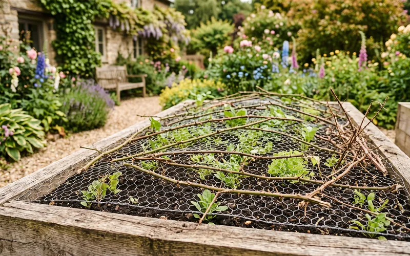 Garden bed covered with chicken wire and prickly cuttings to stop cats pooping in your garden