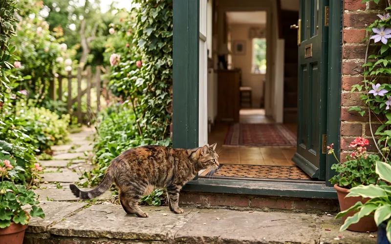 Cat sniffing the open back door on its first day outside after keeping a cat in after moving