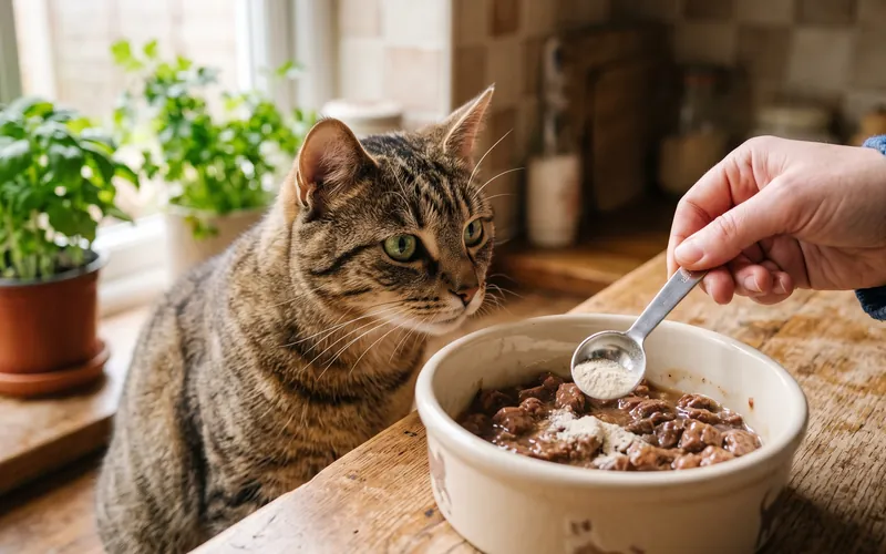 Scoop of lysine for cats powder being mixed into wet cat food