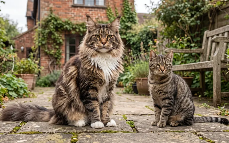 Maine Coon cat beside a standard-size tabby showing the Maine Coon's size