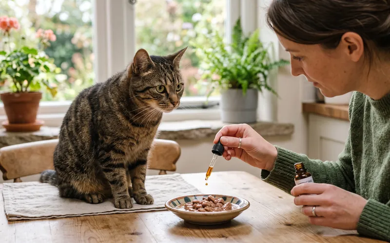 Owner dripping Metacam for cats onto a small portion of wet food