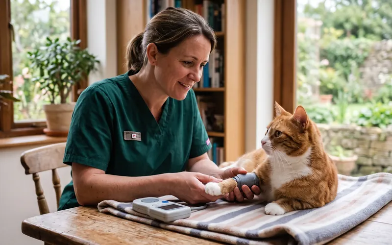 Vet measuring cat blood pressure with a small cuff on the front leg