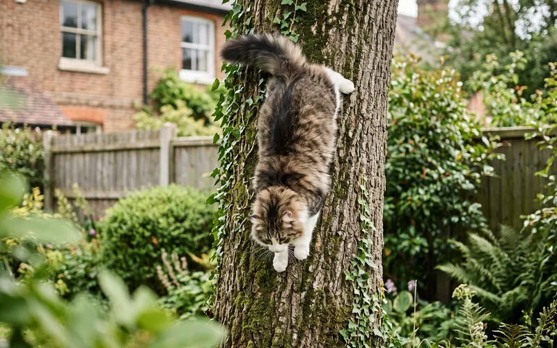 Norwegian Forest cat climbing down a tree head-first