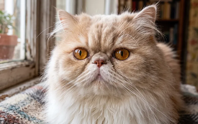 Cream Persian cat with copper eyes beside a window, a classic indoor cat breed