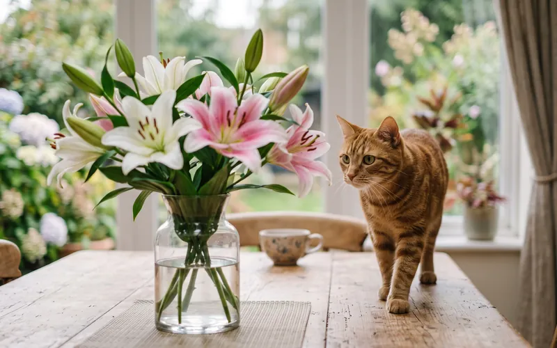 Bouquet of lilies on a table with a cat nearby, among the most dangerous plants poisonous to cats