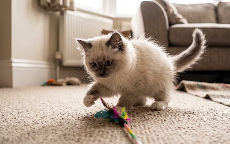 Ragdoll kitten playing with a feather toy on the carpet, one of the best indoor cat breeds