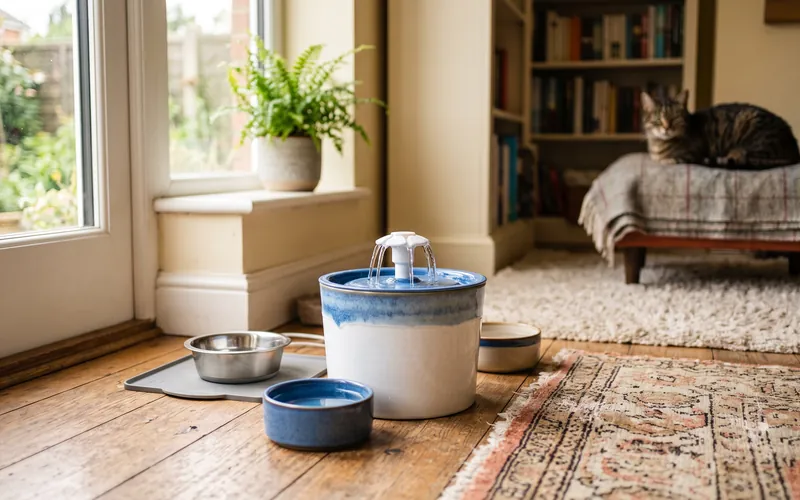 Water fountain and several water bowls set up for a cat on a renal diet for cats Water fountain and several water bowls set up for a cat on a renal diet for cats
