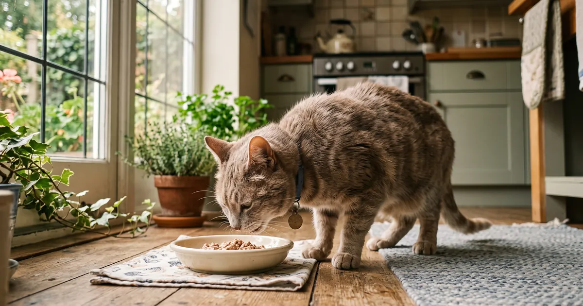Senior cat eating slowly from a shallow bowl, typical of cats on a renal diet for cats Senior cat eating slowly from a shallow bowl, typical of cats on a renal diet for cats