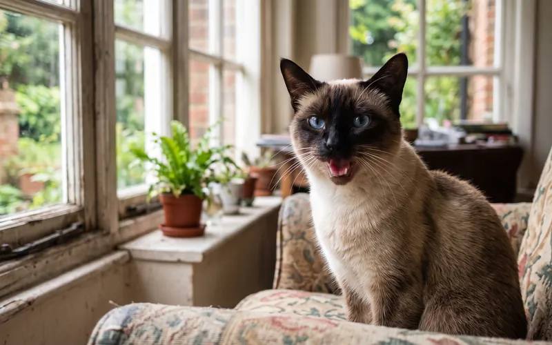 Siamese cat meowing on an armchair, a vocal and social indoor cat breed