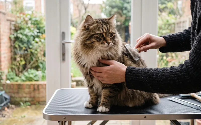 Siberian cat being brushed on a grooming table