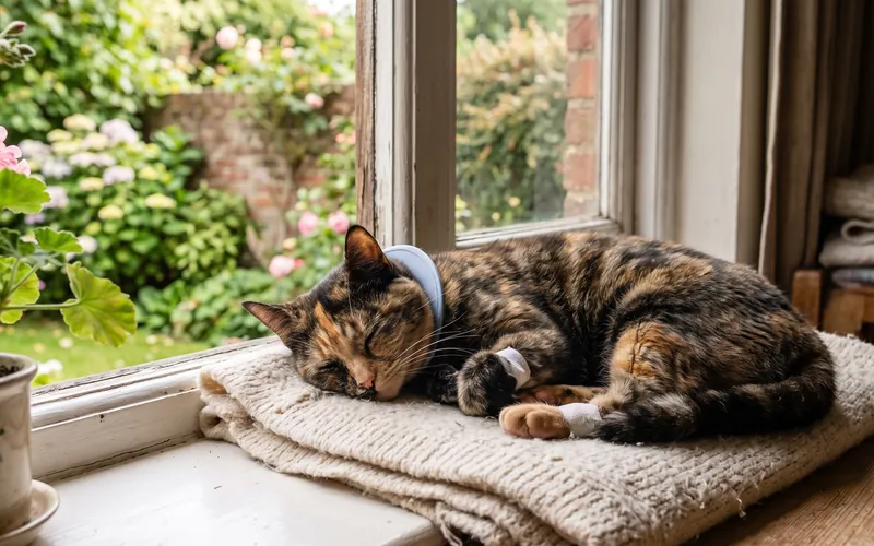 Tortoiseshell cat relaxing on a windowsill after spot on cat worming