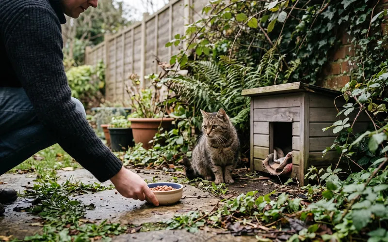 Feral cat with a tipped left ear watching from under a hedge, showing how to tell if a cat is feral