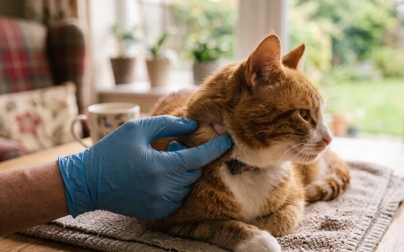 Vet parting a cat's fur at the neck to apply Stronghold for cats