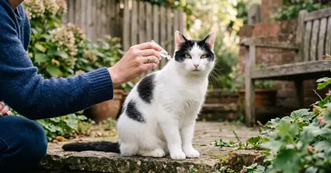 Black-and-white cat sitting still while an owner applies Advantage flea treatment for cats between the shoulder blades