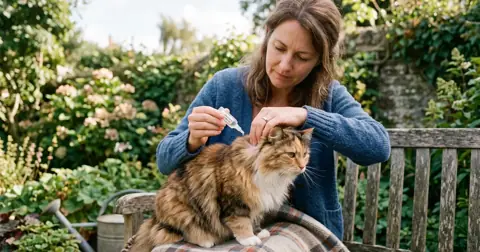 Owner parting a long-haired cat's fur to apply Advocate for cats spot-on