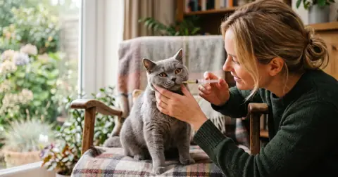 Owner giving antibiotics for cats as liquid medicine from an oral syringe