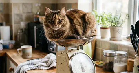 Tabby cat sitting on bathroom scales, checking average cat weight
