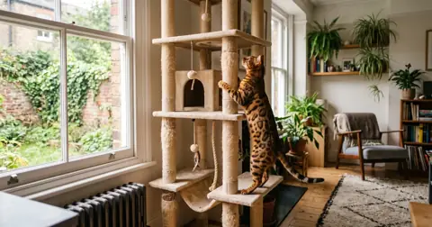 Spotted Bengal cat climbing a tall cat tree