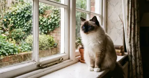 Birman cat with white glove paws sitting by a window