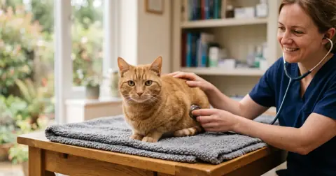 Cat sitting calmly on a vet's consulting table before being prescribed Bravecto for cats