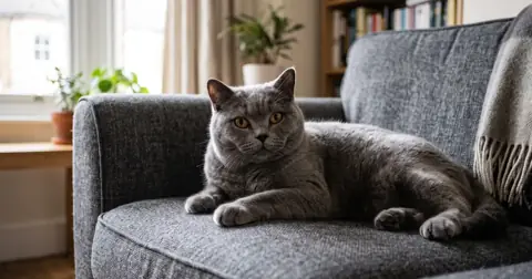 Round-faced British Blue British Shorthair cat on a grey sofa