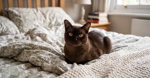 Sable Burmese cat with golden eyes lying on a bed