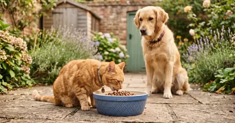 Cat eating from a dog's bowl while the dog watches, showing whether cats can eat dog food
