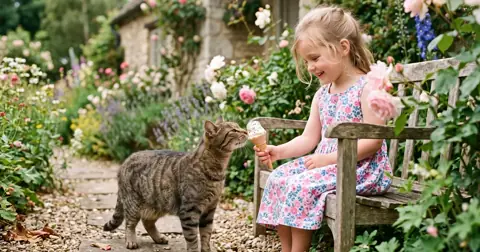 Cat sniffing an ice cream cone held by a child in a garden, asking can cats eat ice cream