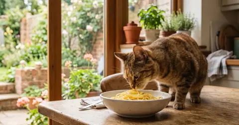 Cat sniffing a bowl of plain cooked pasta, asking can cats eat pasta