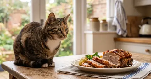 Cat looking at a plate of cooked pork on a kitchen table, wondering can cats eat pork