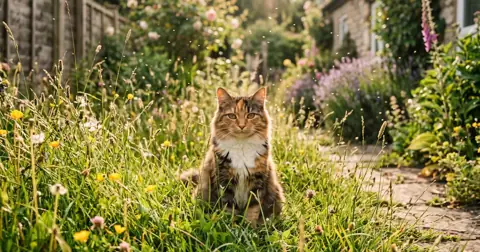 Cat sitting in long summer grass with pollen in the air, showing how cats can get hayfever