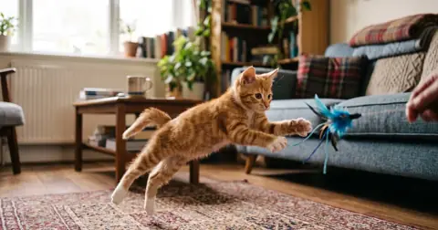 Hyperactive kitten mid-pounce in a living room, prompting owners to ask can cats have ADHD