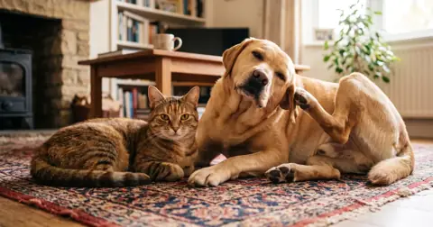 Cat and Labrador lying together on a rug, showing how dogs can get cat fleas