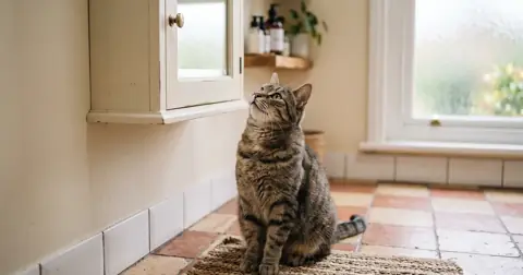 Cat looking up at a closed medicine cabinet, a reminder you can't give cats paracetamol