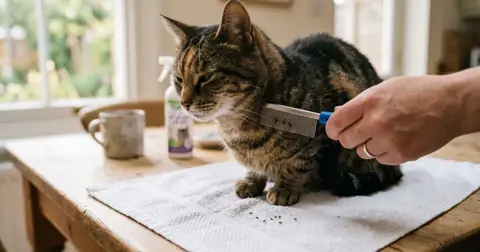 Cat being combed with a fine flea comb after taking Capstar for cats