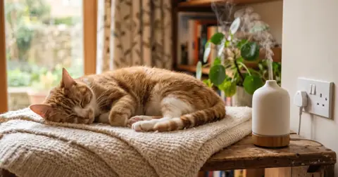 Calm cat sleeping next to a plug-in diffuser, one of the most popular cat calming products