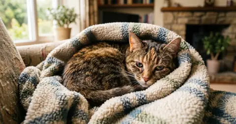 Cat with watery eyes curled up under a fleece blanket showing cat cold symptoms