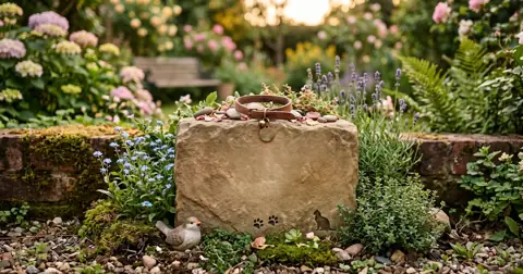 Peaceful garden memorial stone with a cat collar, a reminder of the choices behind cat cremation cost