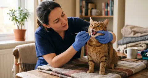 Vet examining a cat's teeth with its mouth gently open to complete a cat dental chart