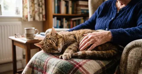 Elderly cat resting peacefully on a blanket in an owner's lap before considering cat euthanasia cost