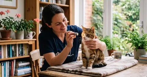 Vet checking a cat's eye with a small torch to diagnose cat eye problems