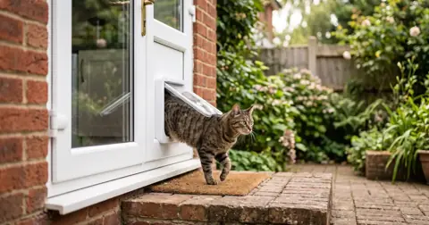 Cat stepping through a cat flap installation in a white uPVC back door