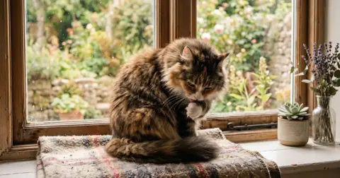 Long-haired cat grooming itself on a windowsill, a reason to use cat hairball remedies