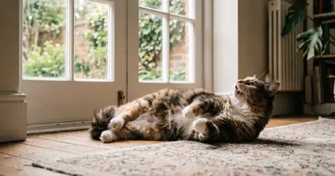 Female tabby cat in heat rolling on the floor with her tail raised