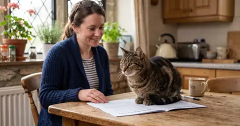 Owner reading a cat insurance policy at a kitchen table while a cat sits on the papers